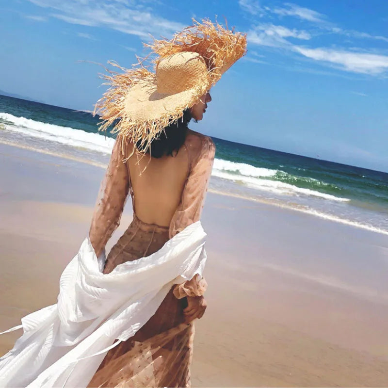 New Natural Raffia Hat Women Summer Hand Woven Straw Hat Gilrs Holiday Sun Hats Wide Brim Sun Hat Floppy Panama Travel Beach Hat