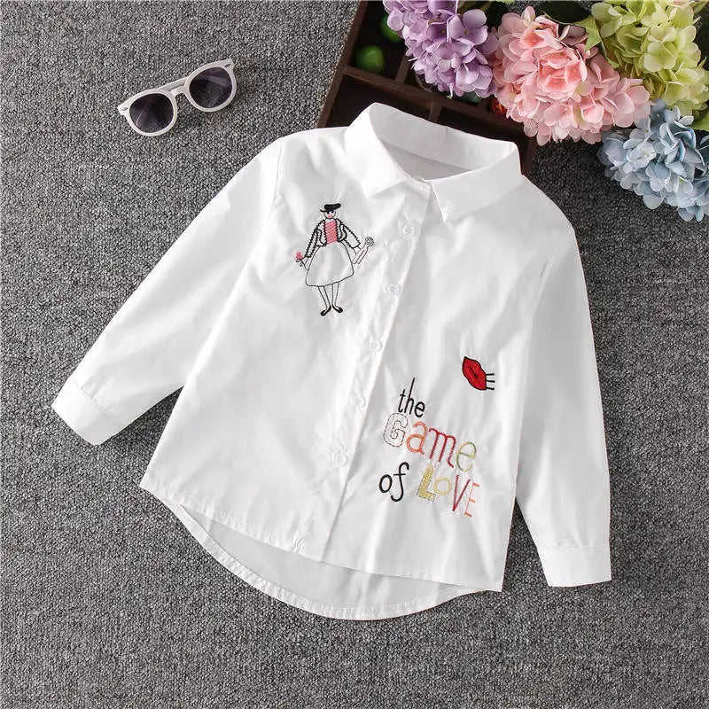 Nueva blusa blanca para niña, linda camisa de manga larga con dibujos animados para otoño, blusa para adolescente, ropa escolar, tops para niños