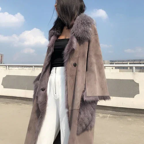 Elegancki damski płaszcz z prawdziwej owczej skóry w stylu vintage, kurtka z kieszeniami z futra norek, odzież damska, płaszcze zimowe, Roupas Femeninas Zjt912