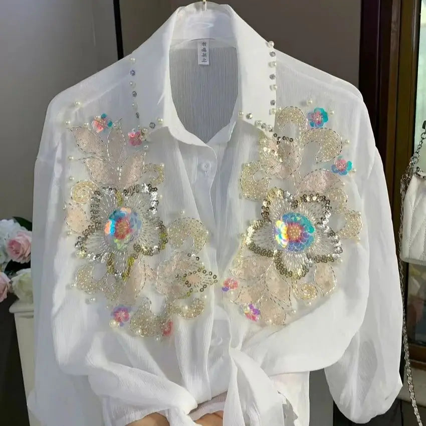 Sparkle Sequines Embroidery Blouses Shirts for Women Cardigans Spring Summer Sunscreen Top Korean Popular Clothes