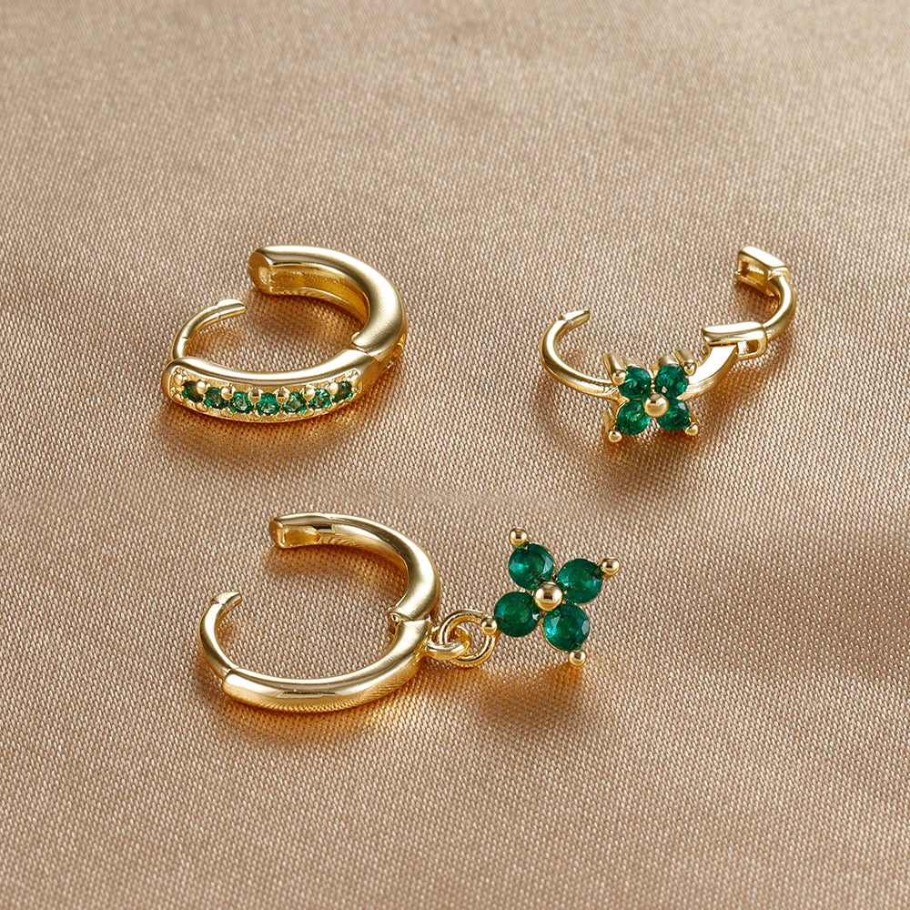 Pendientes de acero inoxidable con forma de flor y circonitas para mujer - Set de 3 piezas