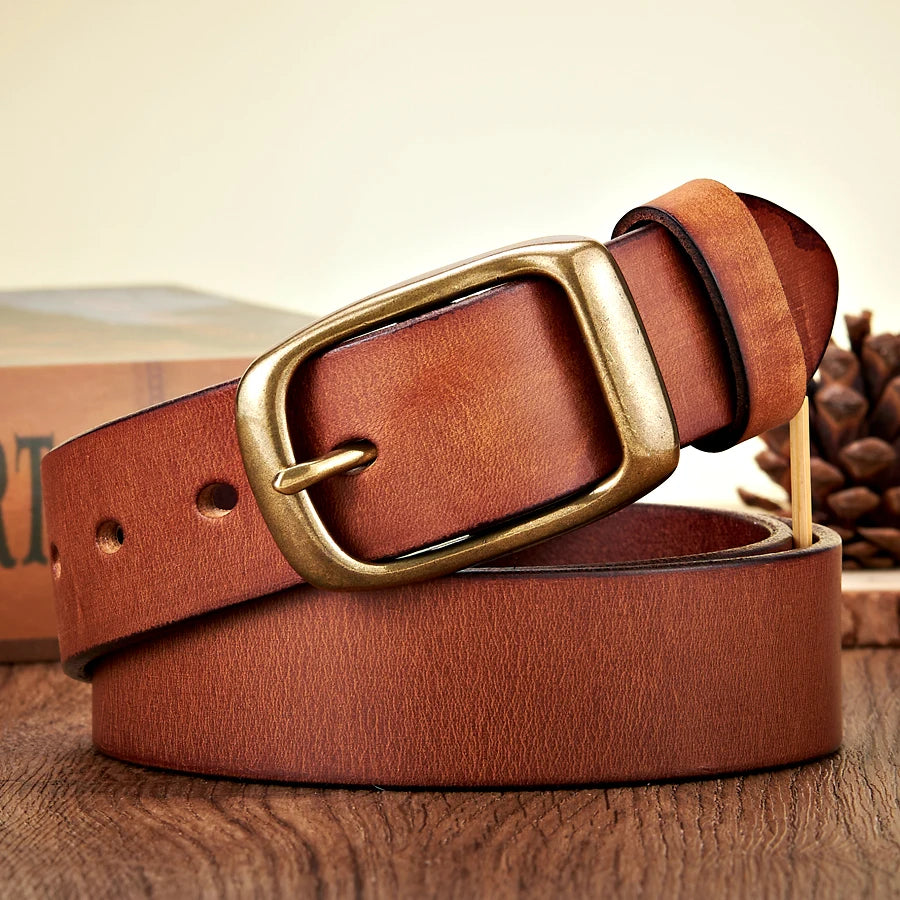 Cinturón de piel de vaca natural de alta calidad de 3,3 cm para hombre, estilo casual, con hebilla de cobre, correa de negocios para vaqueros, cintos masculinos