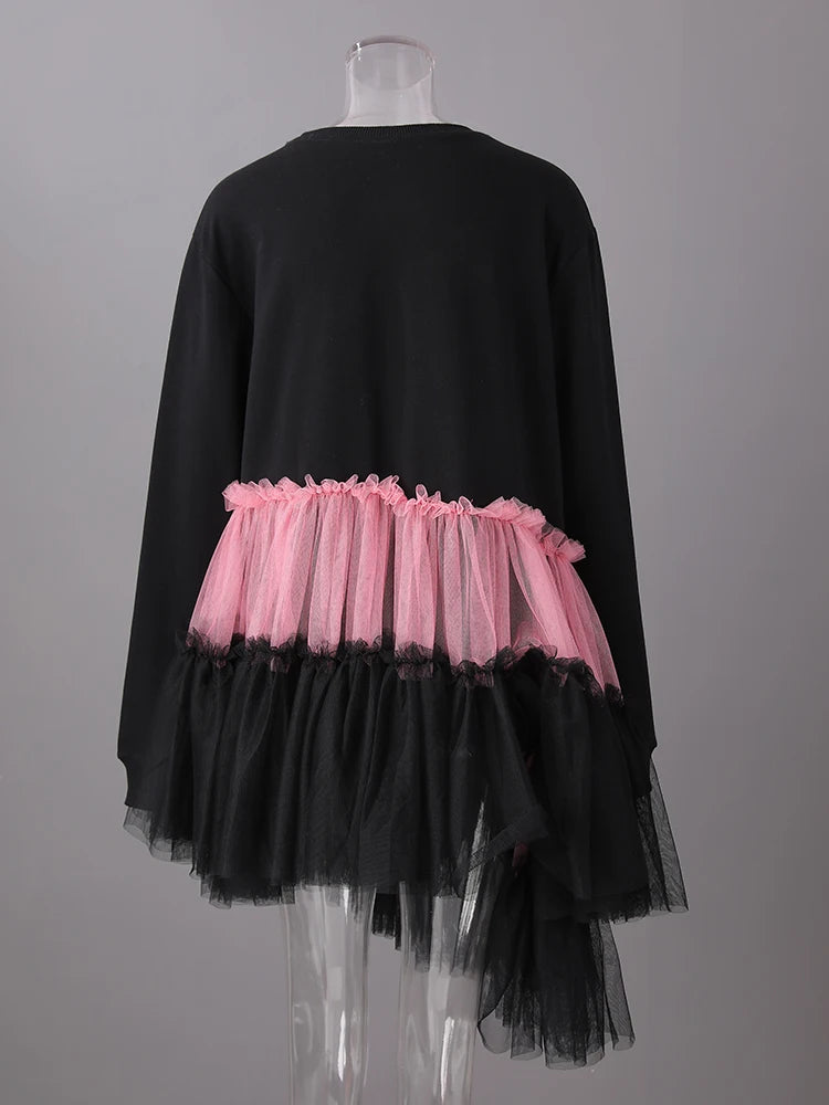 Women Balck Mesh Ruffles Irregular Big Size Mini Dress New Round Neck Long Sleeve Fashion Tide Spring Autumn 2026 CPG3045