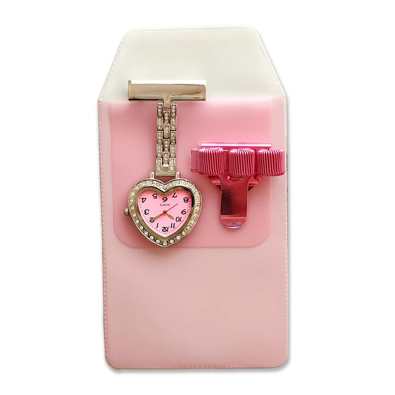 Glitter Peach Nurse FOB Watch Sparkle Pocket Watch Egg Jojo Pen Holder Heart Diamond Brooch Medical Clock Pink Graduation Gift
