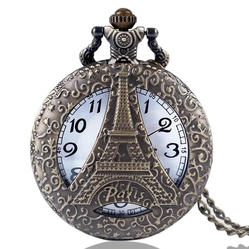 Vintage Paris Eiffel Tower Notre Dame Design Quartz Pocket Watch LE LOUVRE Necklace Pendant Art Souvenir Clock for Men Women
