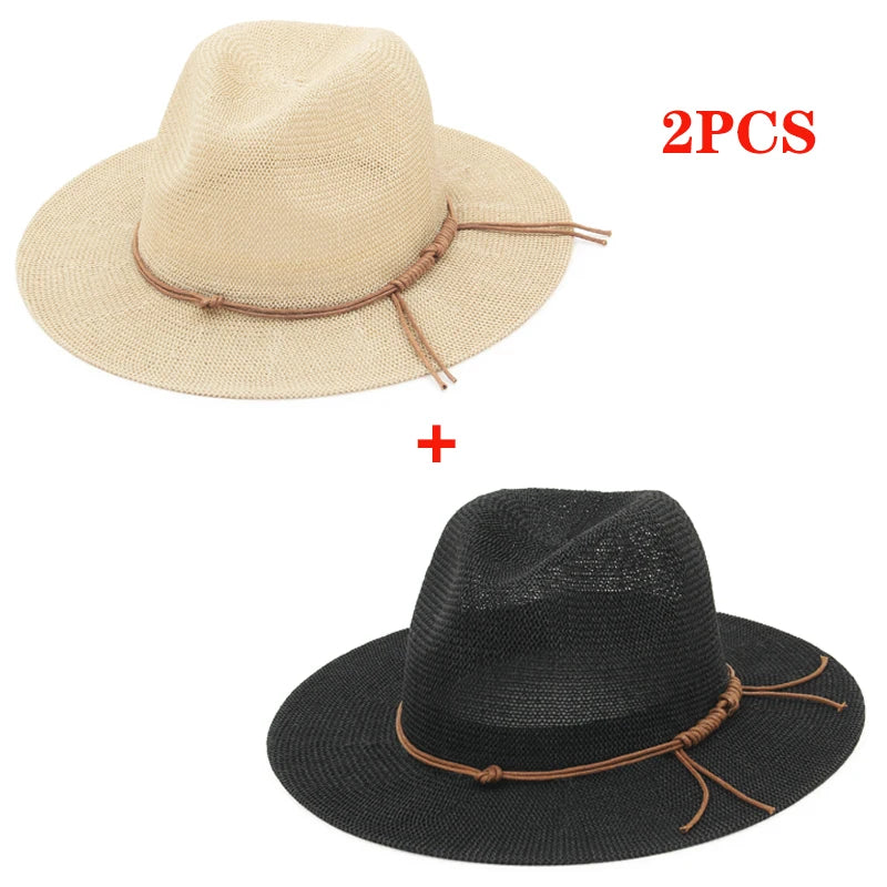 GEMVIE New Summer Hat Panama Hats Hollow Out Straw Hat for Men Women Leather Ribbon Large Brim Sun Beach Hat Jazz Cap Fedora