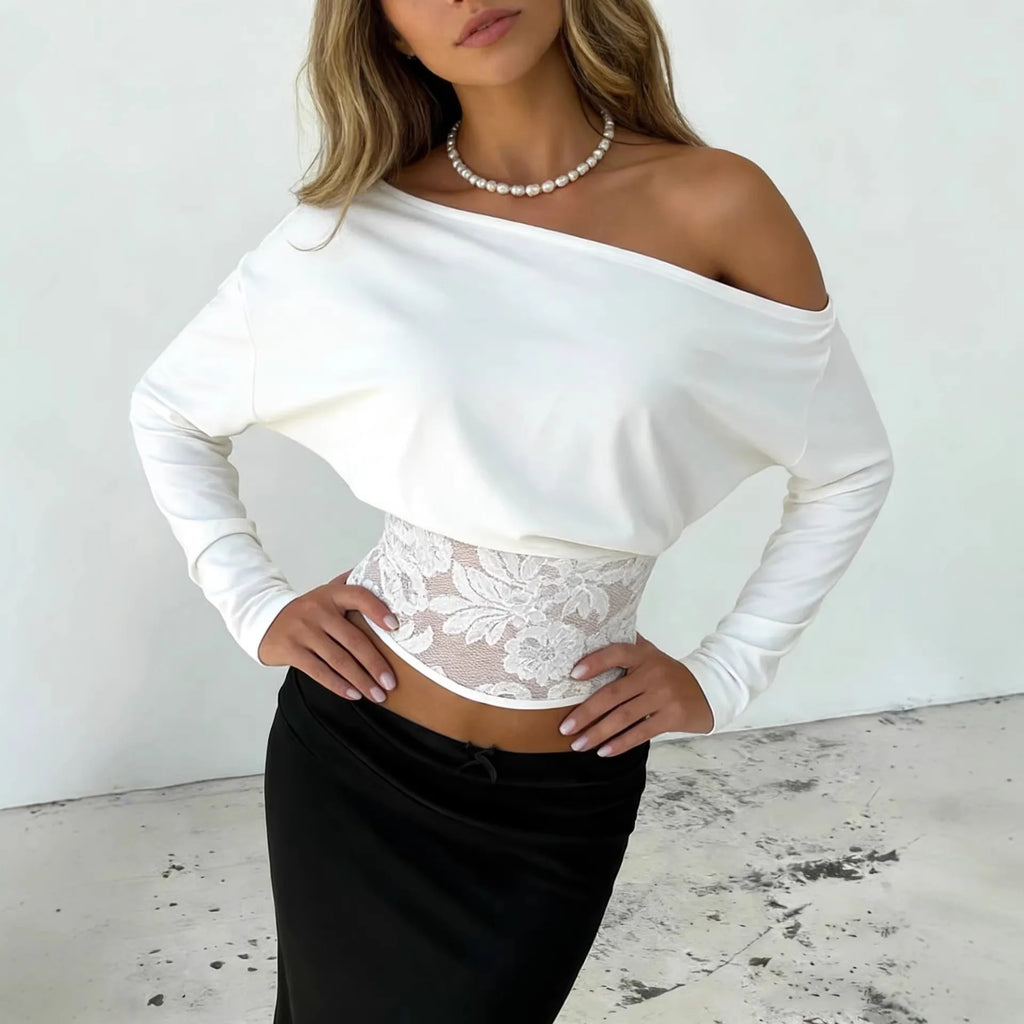 Women Off Shoulder Long Sleeve Top Floral Lace Waist Spliced Slim Cropped Blouse Elegant Party Casual Y2K Shirt