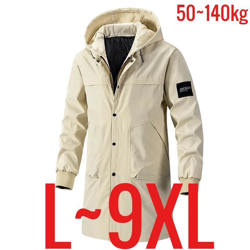 Men's Long Trench Coat Hooded Fleece Windbreaker Oversize 9XL