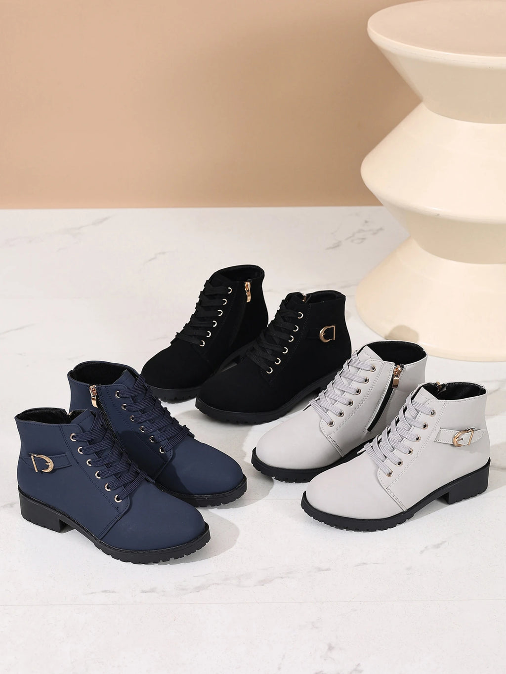Women's Chunky Heel Ankle Boots with Side Zipper and Buckle