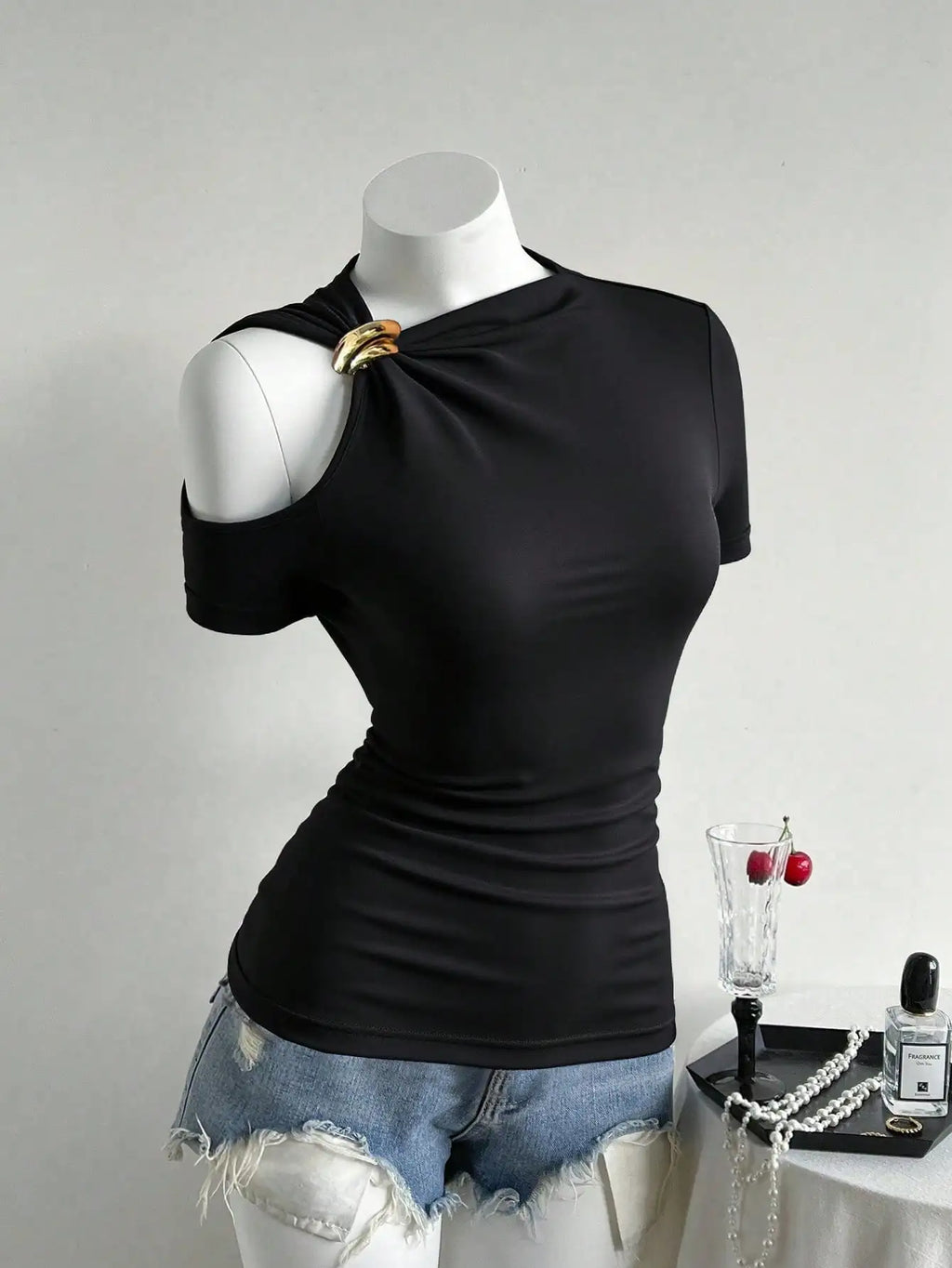 Women's Off-Shoulder Short Sleeve Knit T-Shirt with Slight Stretch