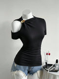 Women's Off-Shoulder Short Sleeve Knit T-Shirt with Slight Stretch