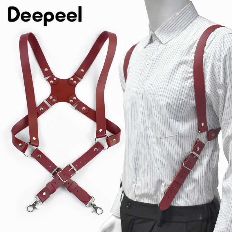 Deepeel 2.5cm Wide Faux Leather Men's Suspenders 2 Clip Hooks Adjust Strap Harness Man Braces Adult Costume Suspender Jockstrap