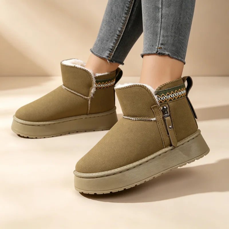 WVNE Women's Short Plush Lined Snow Boots with Zipper
