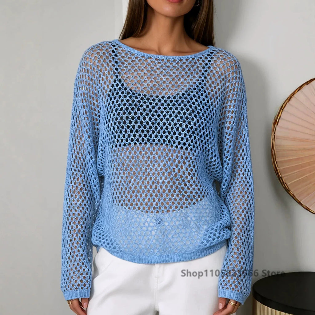 Women Tops Hollow Out Knit Sheer Mesh Tee Round Neck Long Sleeve Casual Summer Cover Up Casual Streetwear Top кофта женская