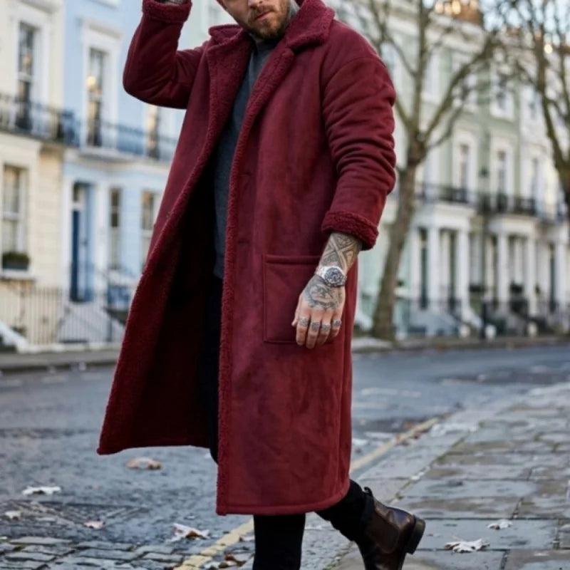 Men's Plus-Size Winter Long Fleece Coat with Turn-Down Collar