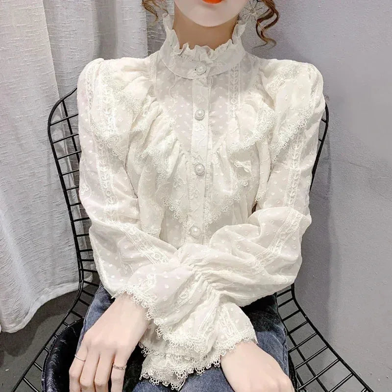 Blusa de chifón blanca de manga larga para mujer con cuello alto y corte holgado
