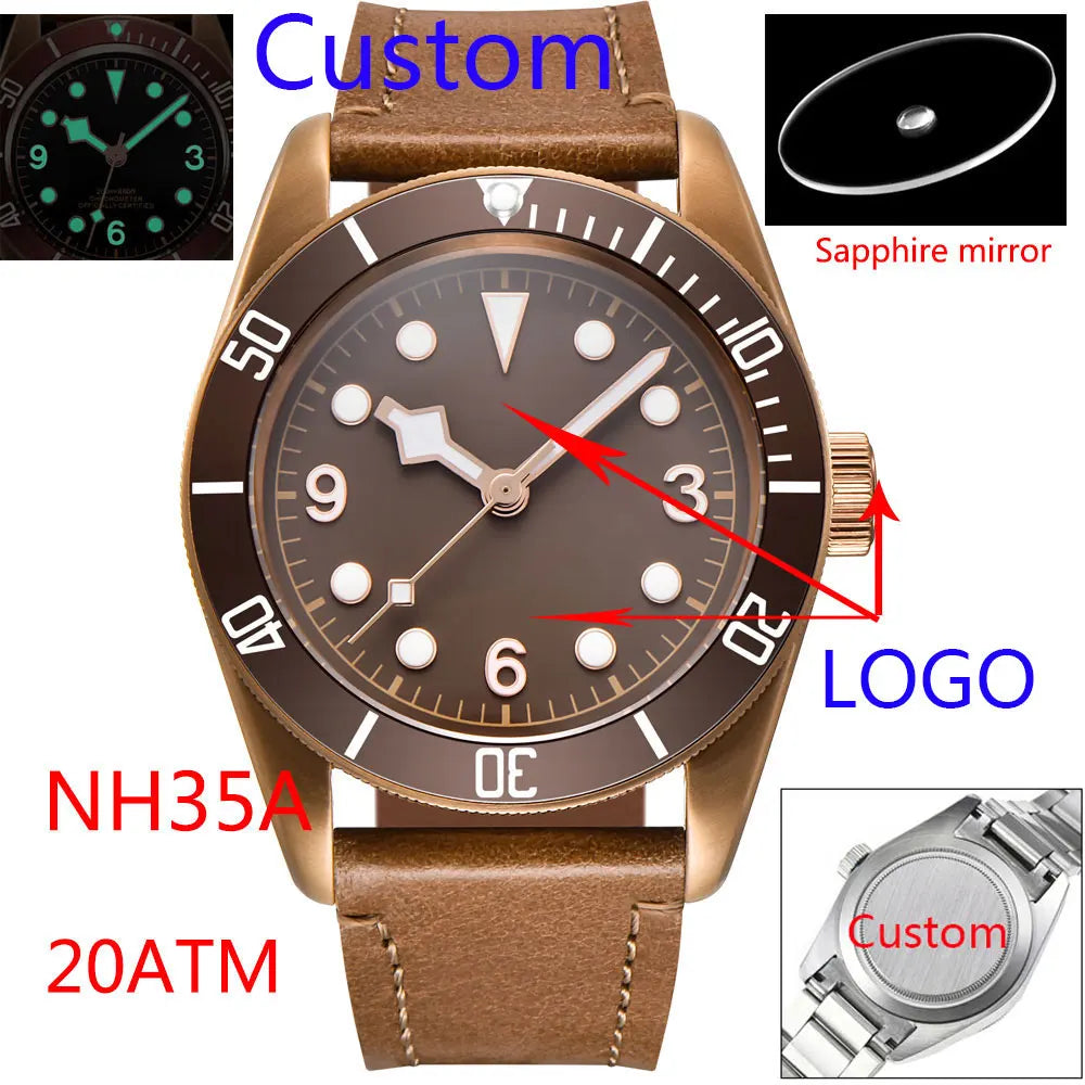 Custom Logo NH35A Miyota Sport 20ATM Watch PVD Coffee Bronze Case Sapphire Glass Luminous Deployant Clasp Deepwaterproof