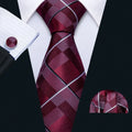 New Mens Wedding Tie Red Plaid Silk Tie Hanky Set Barry.Wang 8.5cm Fashion Designer Neck Ties for Men Party FA-5151