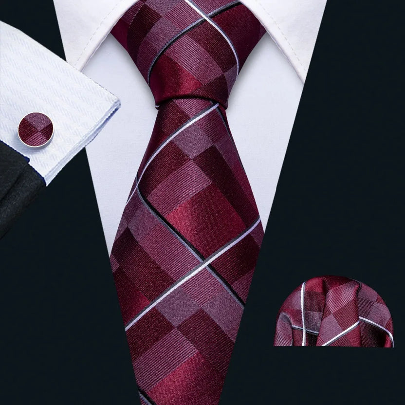New Mens Wedding Tie Red Plaid Silk Tie Hanky Set Barry.Wang 8.5cm Fashion Designer Neck Ties for Men Party Dropshipping FA-5151