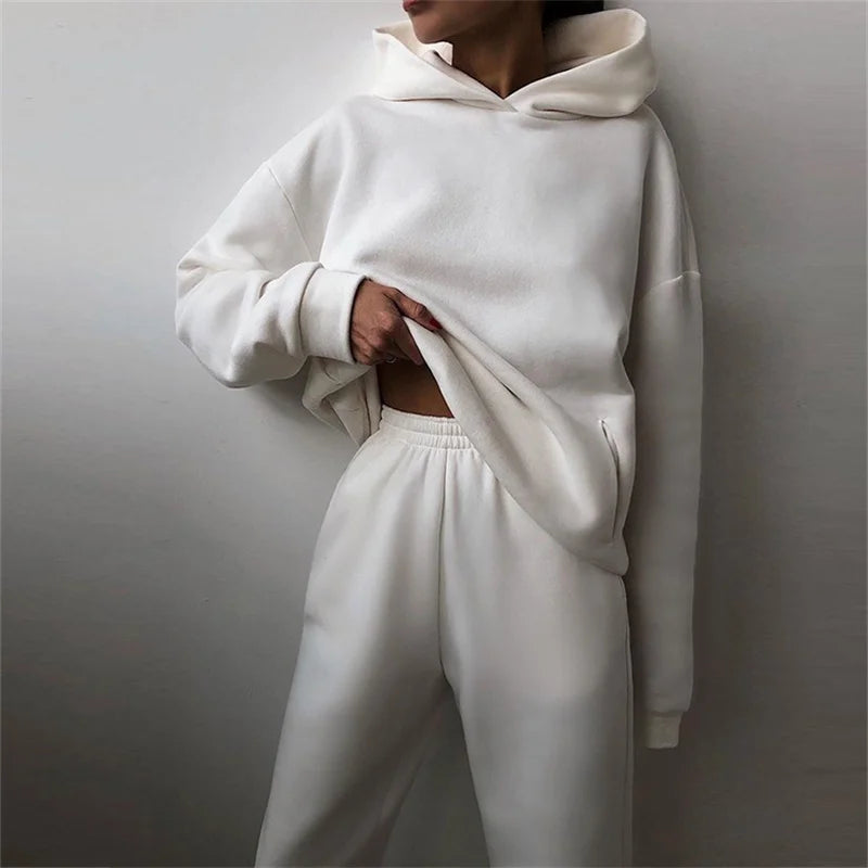 Damski dres jesienny, modna ciepła bluza z kapturem, dwuczęściowy komplet typu oversize, gładki, casualowy, z długimi spodniami