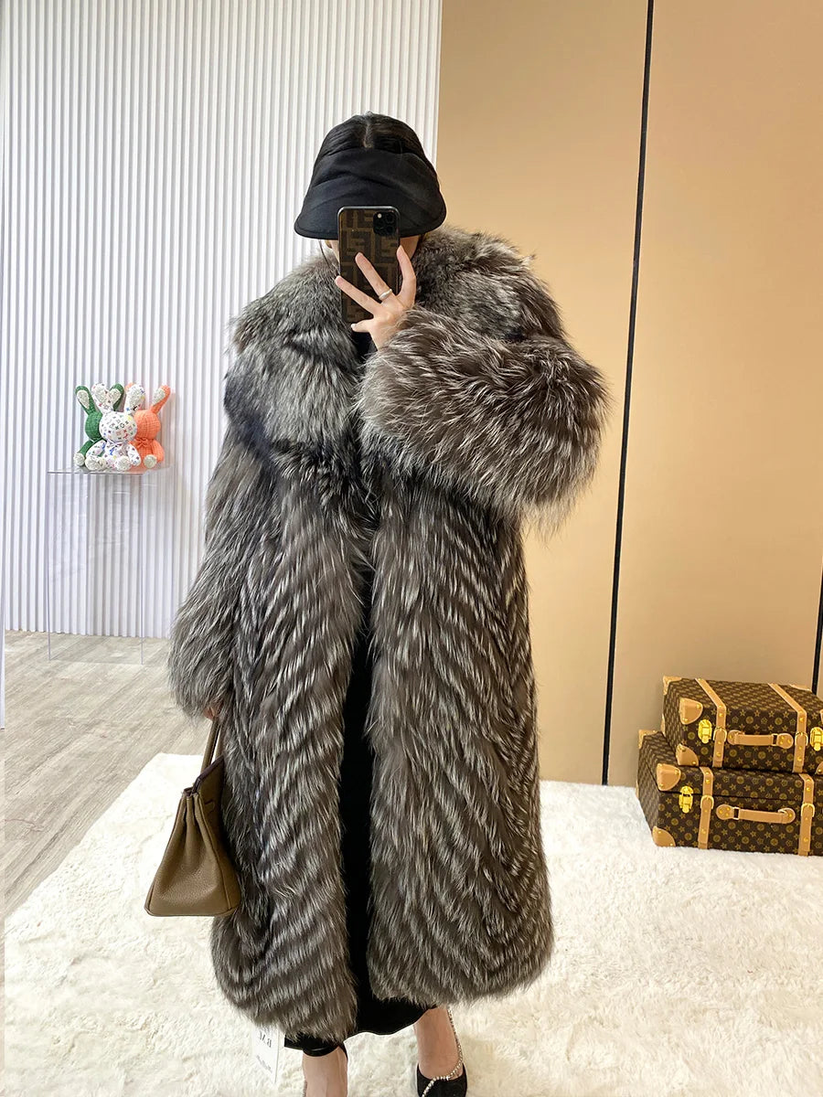 Winter New Ladies 100% Natural Fox Fur Coat With Stripes Long Cardigan Luxury Elegant Plus Size Clothes Coat Can Be Customized