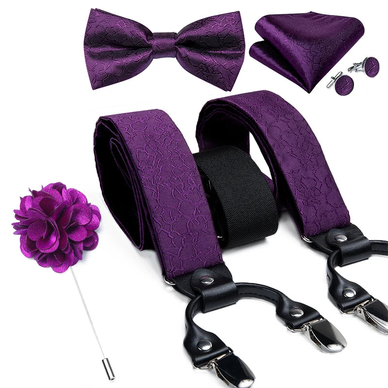 Luxury White Men's Suspenders Adjustable 6 Clips Braces DiBanGu Leather Metal Pre-Tied Bow Tie Brooch Pocket Square Set