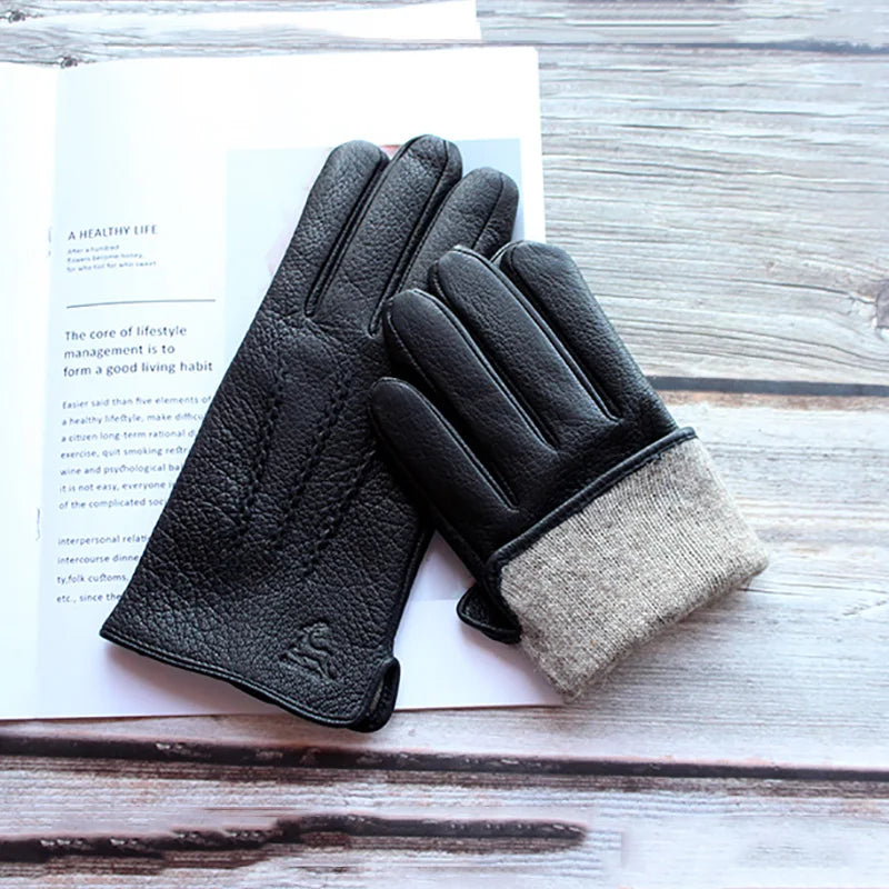Men's Deer Skin Goat Skin Gloves Fashionable Driver's Autumn and Winter Thick Anti Cold and Warm Motorcycle Riding Gloves