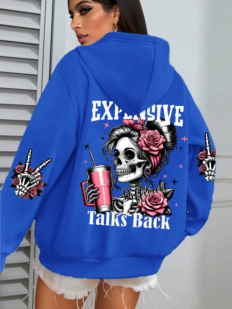 Damska bluza z kapturem z zabawnym nadrukiem „Expensive Talks Back”, luźny wielokolorowy sweter z polaru, jesienna odzież sportowa, bluza z kieszenią w stylu casual