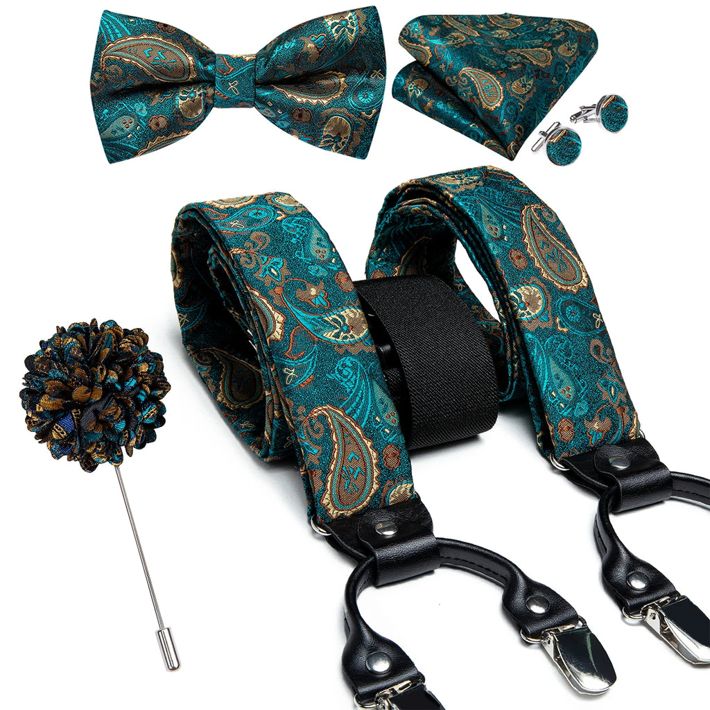 Luxury White Men's Suspenders Adjustable 6 Clips Braces DiBanGu Leather Metal Pre-Tied Bow Tie Brooch Pocket Square Set