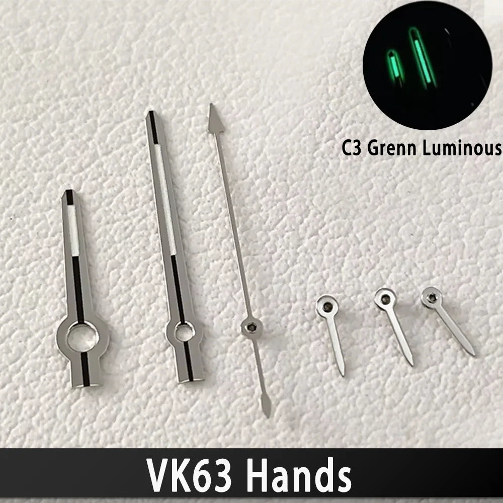 Agujas VK63 de alta calidad, manecillas de carreras para reloj VK63, manecillas de reloj con luminiscencia verde C3, piezas de relojes para hombre con movimiento de cuarzo VK63