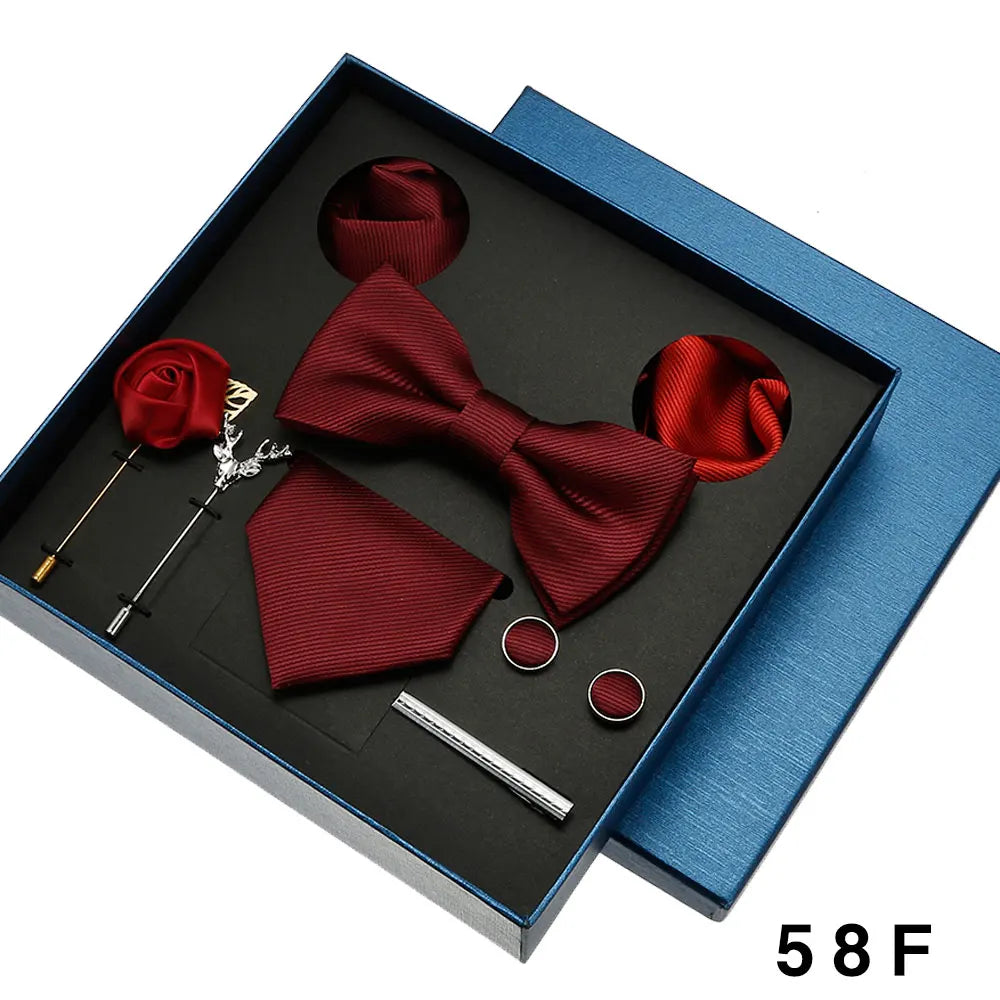 Men Tie Silk Necktie Man Bowtie Hanky Brooches Cufflinks and Tie Clip for Men Accessories Red Burgundy Wedding Tie Gifts Set