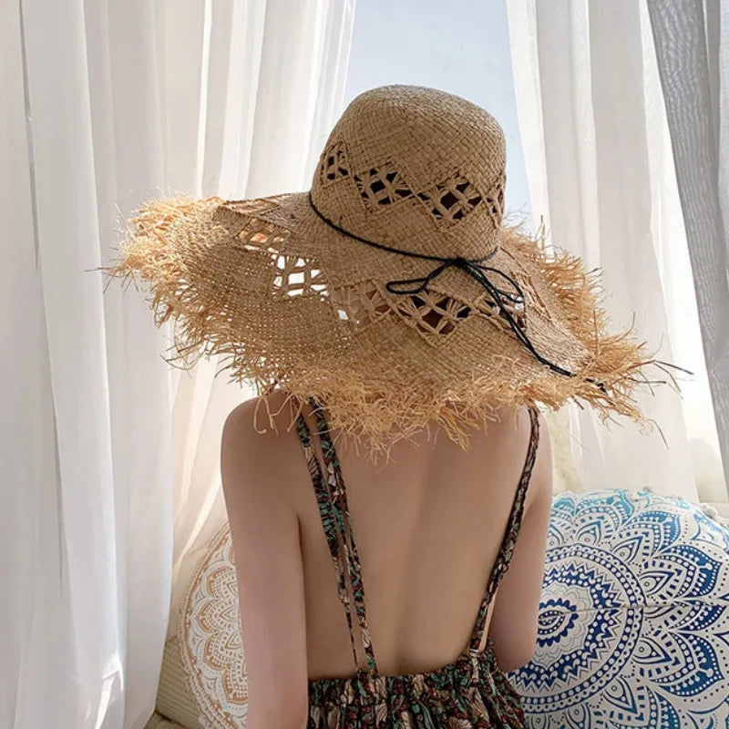 New Natural Raffia Hat Women Summer Hand Woven Straw Hat Gilrs Holiday Sun Hats Wide Brim Sun Hat Floppy Panama Travel Beach Hat