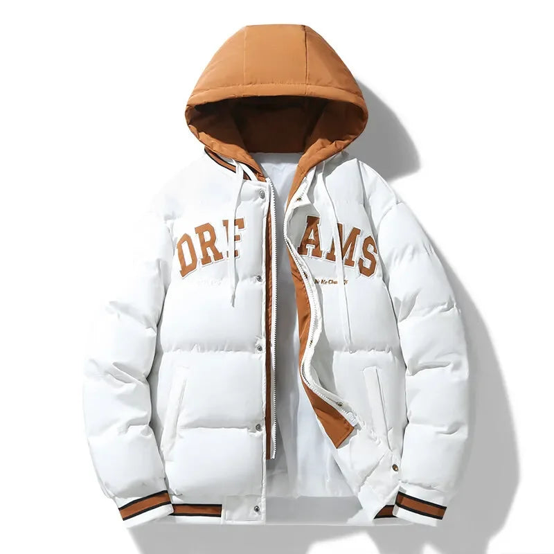 Męska kurtka modowa na zamek, nowa ciepła kurtka, streetwear, zimowa parka z kapturem dla par, gruby ocieplany płaszcz bawełniany, młodzieżowa kurtka