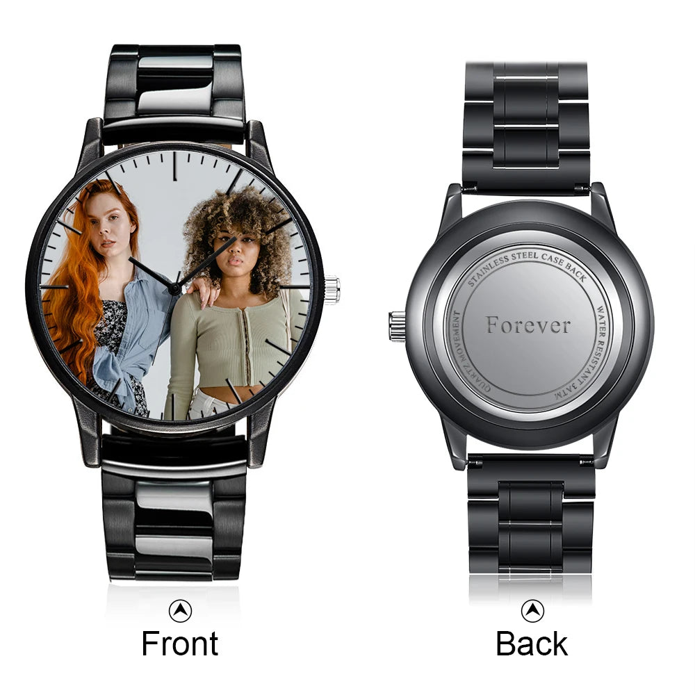 Personal Mark Black Tone Stainless Steel Classic Men's Wristwatch Customized Family Photo Picture Watch Gift Relogio