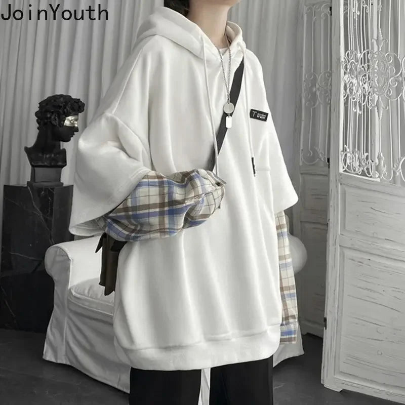 Women's Clothing Fake Two Hoodies Patchwork Plaid Hooded Oversized Tops Korean Y2K Clothes for Teens Harajuku Casual Sweatshirt