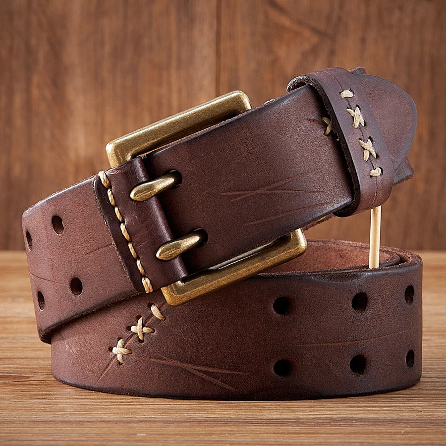 Cinturón táctico militar de cuero genuino original de 3.8 cm con hebilla de doble aguja, cinturón para hombre, estilo desgastado envejecido, cinturón para vaqueros estilo masculino