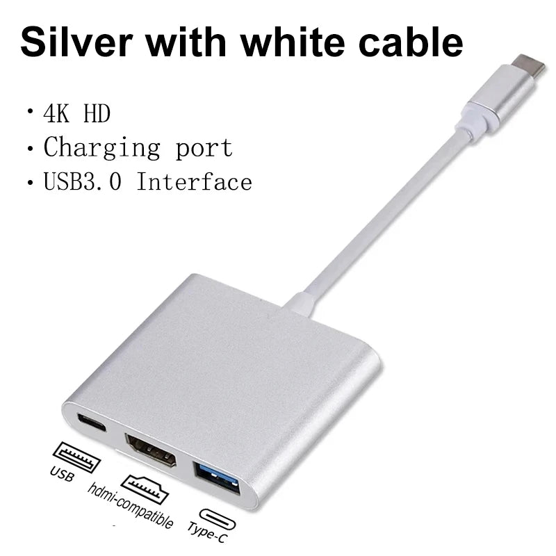 Concentrador USB-C 3 en 1 con HDMI 4K, USB 3.0 y puerto de carga