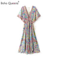 Boho Queens Women Peacock Floral Print Bat Sleeve Beach Bohemian  Maxi Dresses Ladies v Neck Tassel Summer Dress Vestidos