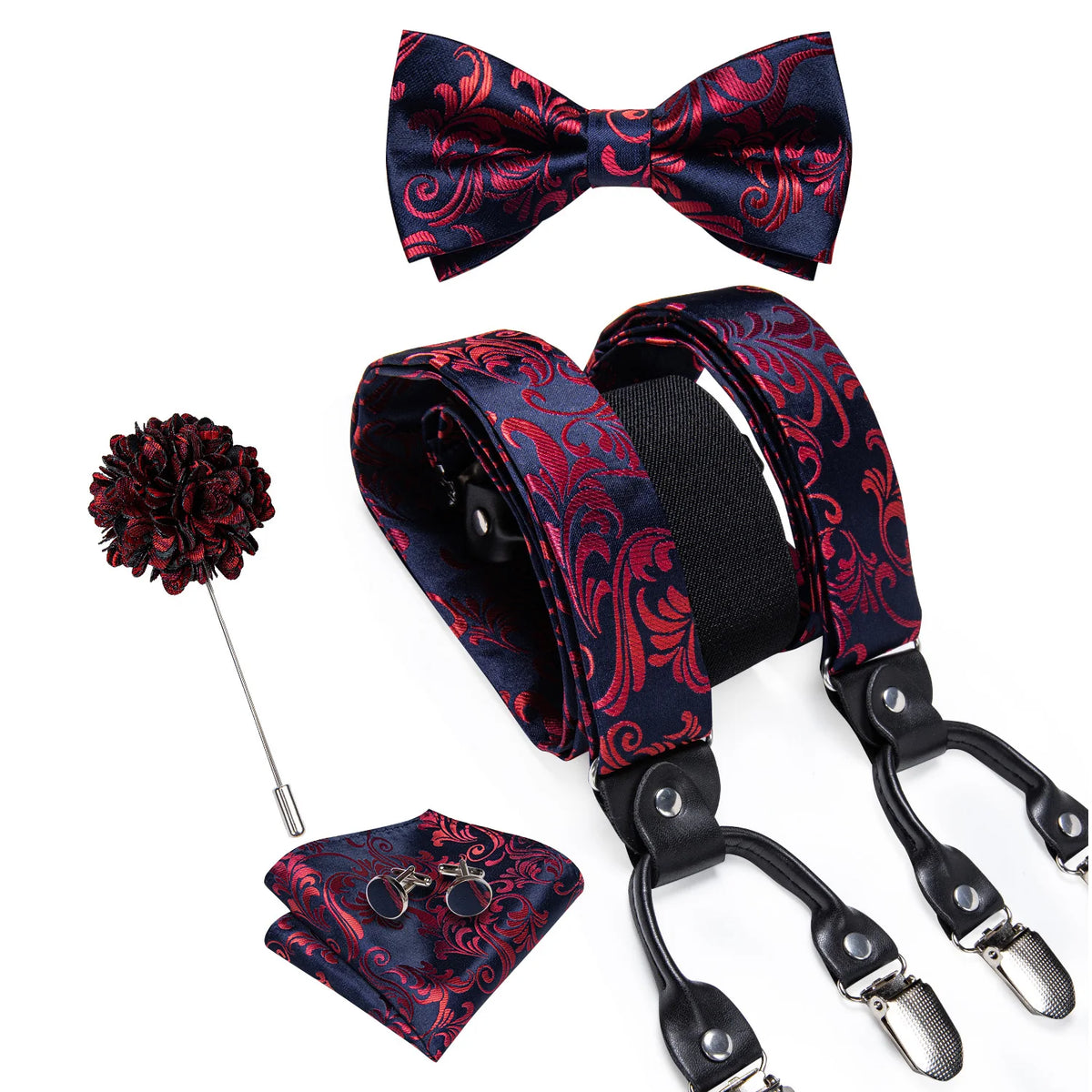 Luxury White Men's Suspenders Adjustable 6 Clips Braces DiBanGu Leather Metal Pre-Tied Bow Tie Brooch Pocket Square Set
