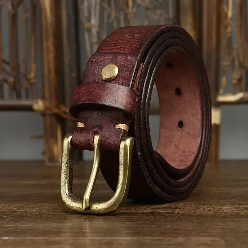 Cinturón de cuero genuino de 3.3 cm para hombre, correa de lujo, moda masculina, piel de vaca pura, hebilla de cobre, estilo retro clásico, hebilla de espiga, alta calidad