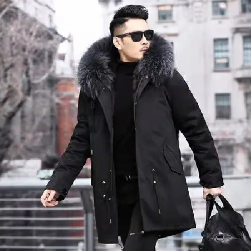 Parka de invierno para hombre, abrigo cálido con forro de lana, chaqueta larga con capucha y cuello de piel de mapache de alta calidad