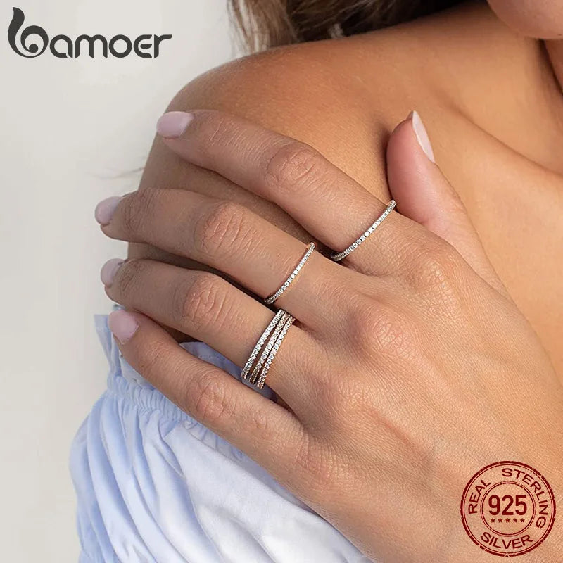 BAMOER 925 Sterling Silver Full Zircons Band Ring Rainbow CZ Geometric Stackable Circle Rings for Women Wedding Jewelry Gift