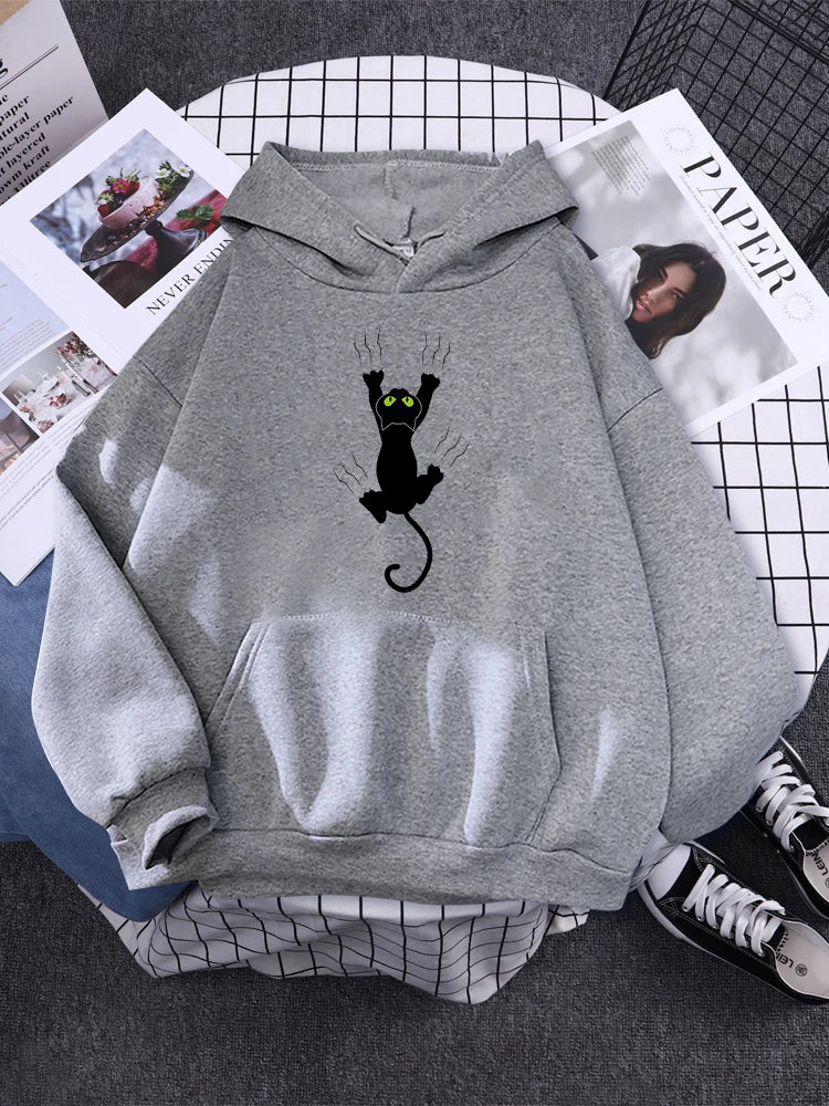 Damska bluza z kapturem w czarne koty, modny styl koreański, zimowa odzież oversize z polarem