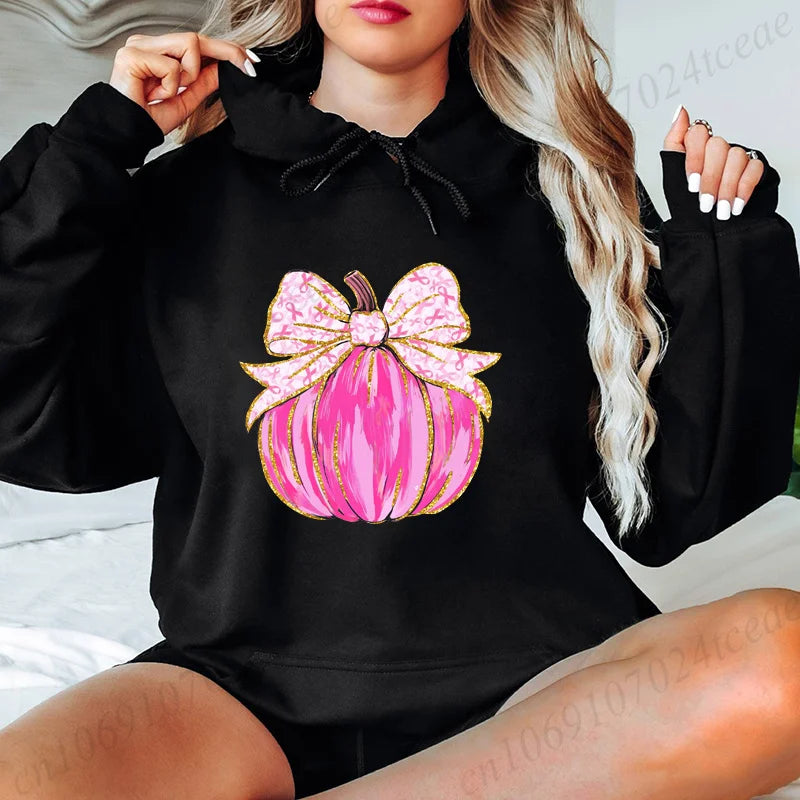 Breast Cancer Pumpkin Design Hoodies Breast Cancer Awareness Graphic Hooded Sweatshirts in October We Wear Pink Tracksuits Gifts