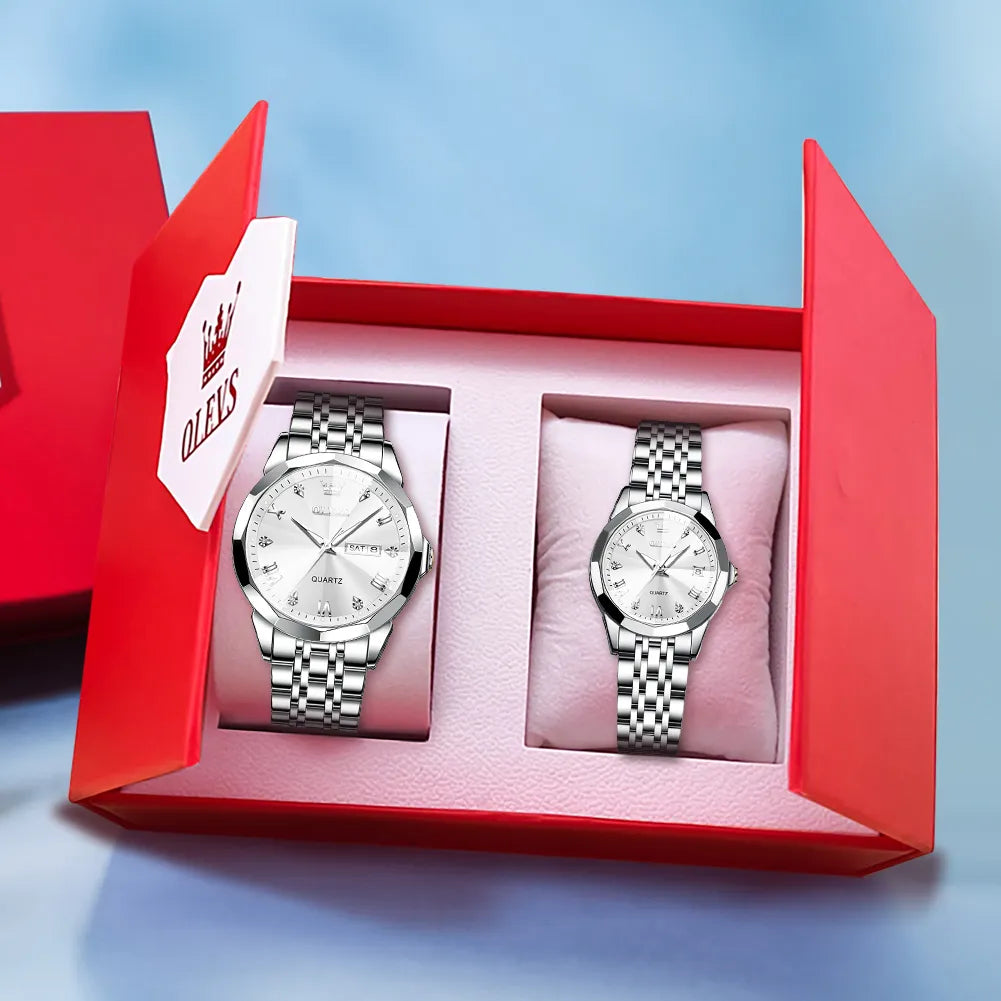 OLEVS Couple Watches Rhombus Mirror Luxury Original Quartz Men and Women Wristwatch Waterproof Luminous Date Week His and Her