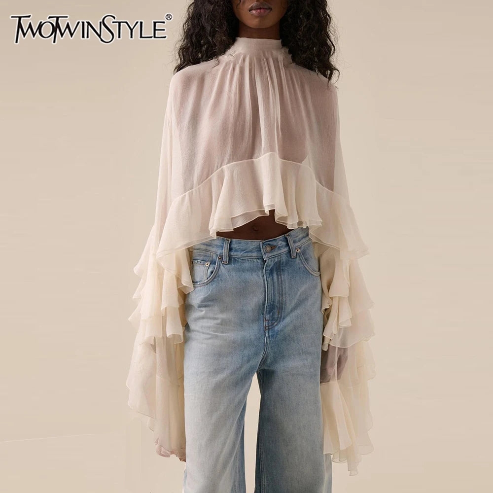 Blusa holgada y transparente de algodón y poliéster para mujer de TWOTWINSTYLE