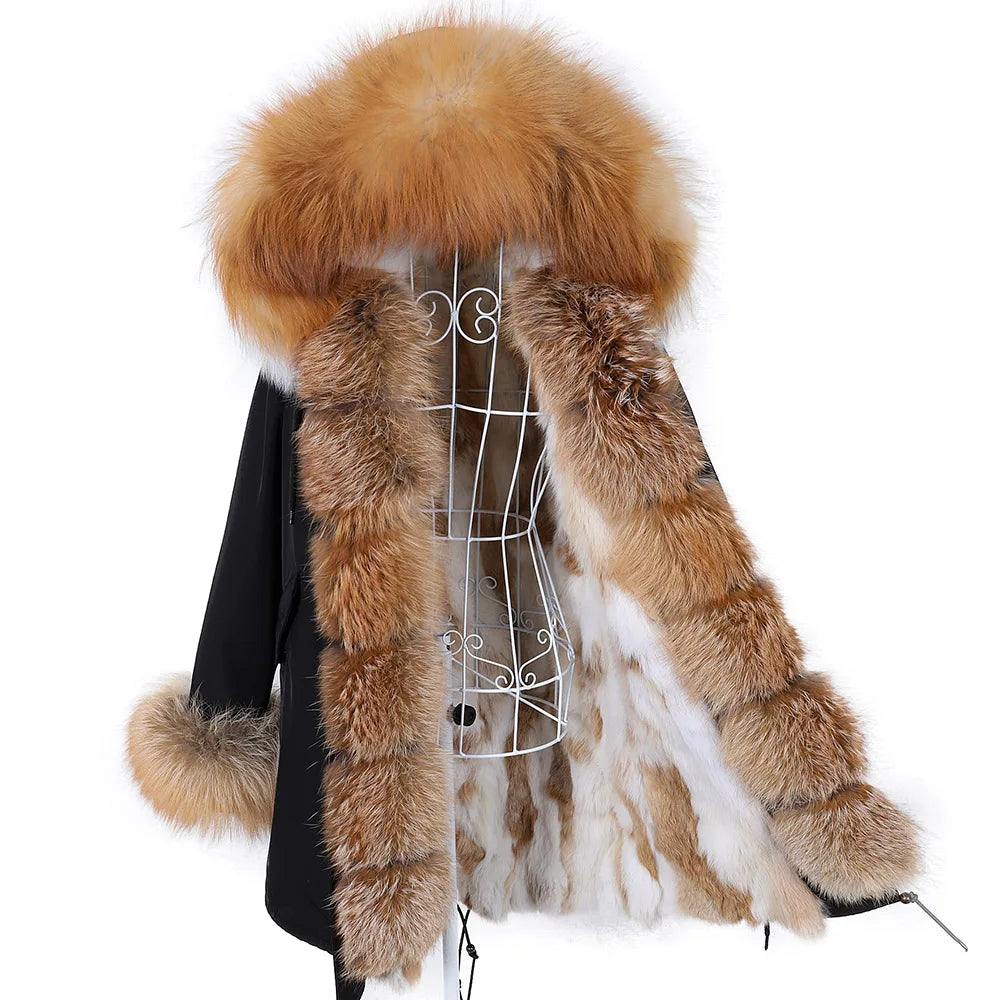 MAOMAOKONG 2026 Removable Real Fox Fur Collar Coats Woman Winter Jacket Hooded Rabbit Fur Lining Long Parkas Female Clothes