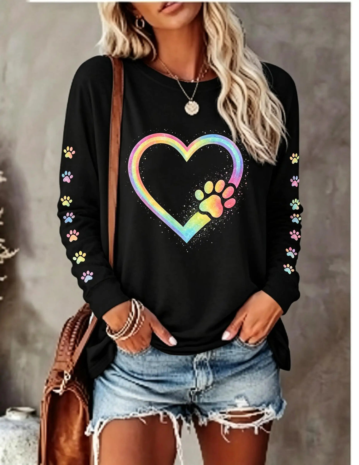 Women Long Sleeve T‑Shirt Rainbow Heart Pet Paw Print Cute Aesthetic Crew Neck Casual Fall Tops