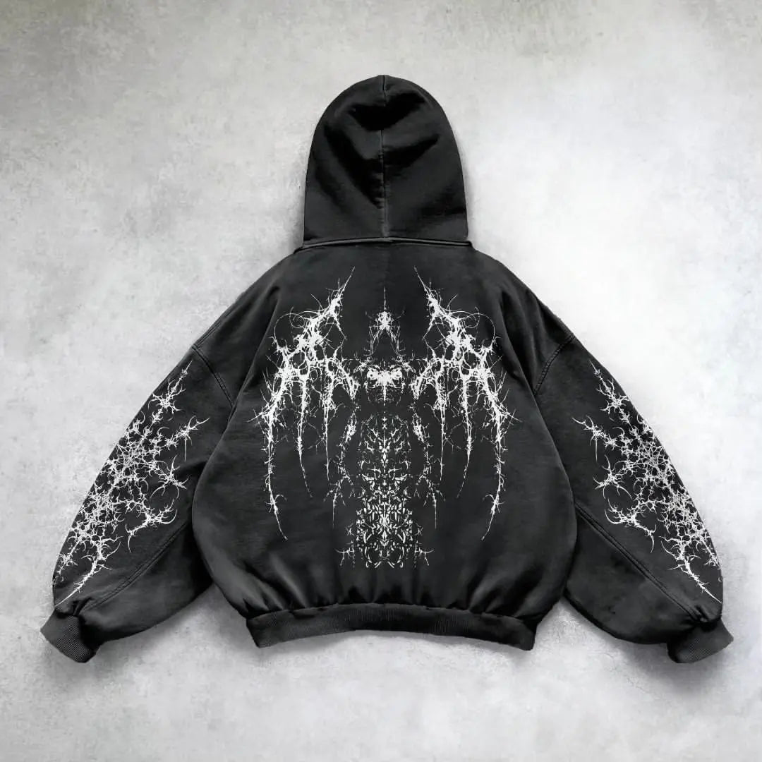 Harajuku Y2K Vintage Punk enfärgad mönstrad hoodie för män, amerikansk gotisk mode-hoodie för par, avslappnad tröja