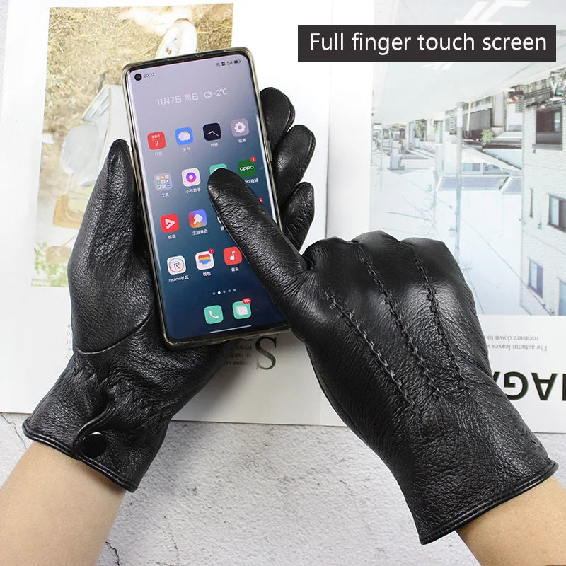 Men's Deer Skin Goat Skin Gloves Fashionable Driver's Autumn and Winter Thick Anti Cold and Warm Motorcycle Riding Gloves